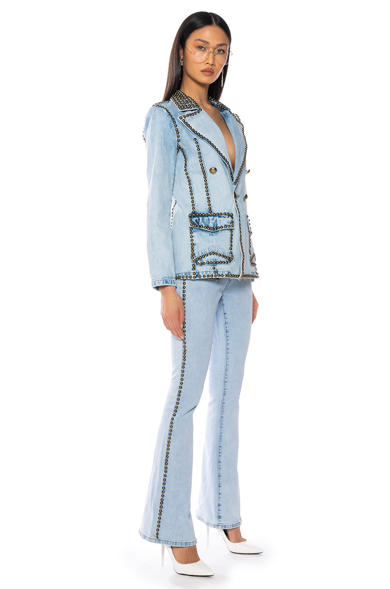 HERE TO STAND OUT EMBELLISHED DENIM BLAZER