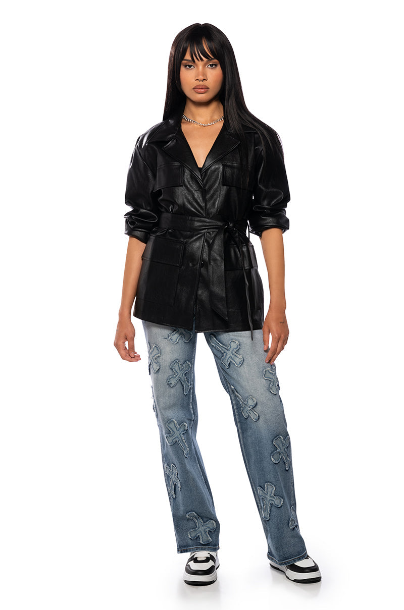 TIE FRONT MOTO JACKET IN BLACK