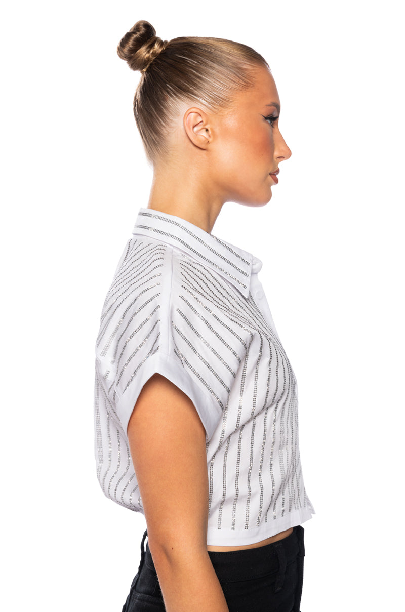 RHINESTONE STRIPE CROPPED BUTTON DOWN