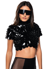 IN BLOOM FAUX LEATHER SHORT SLEEVE TOP