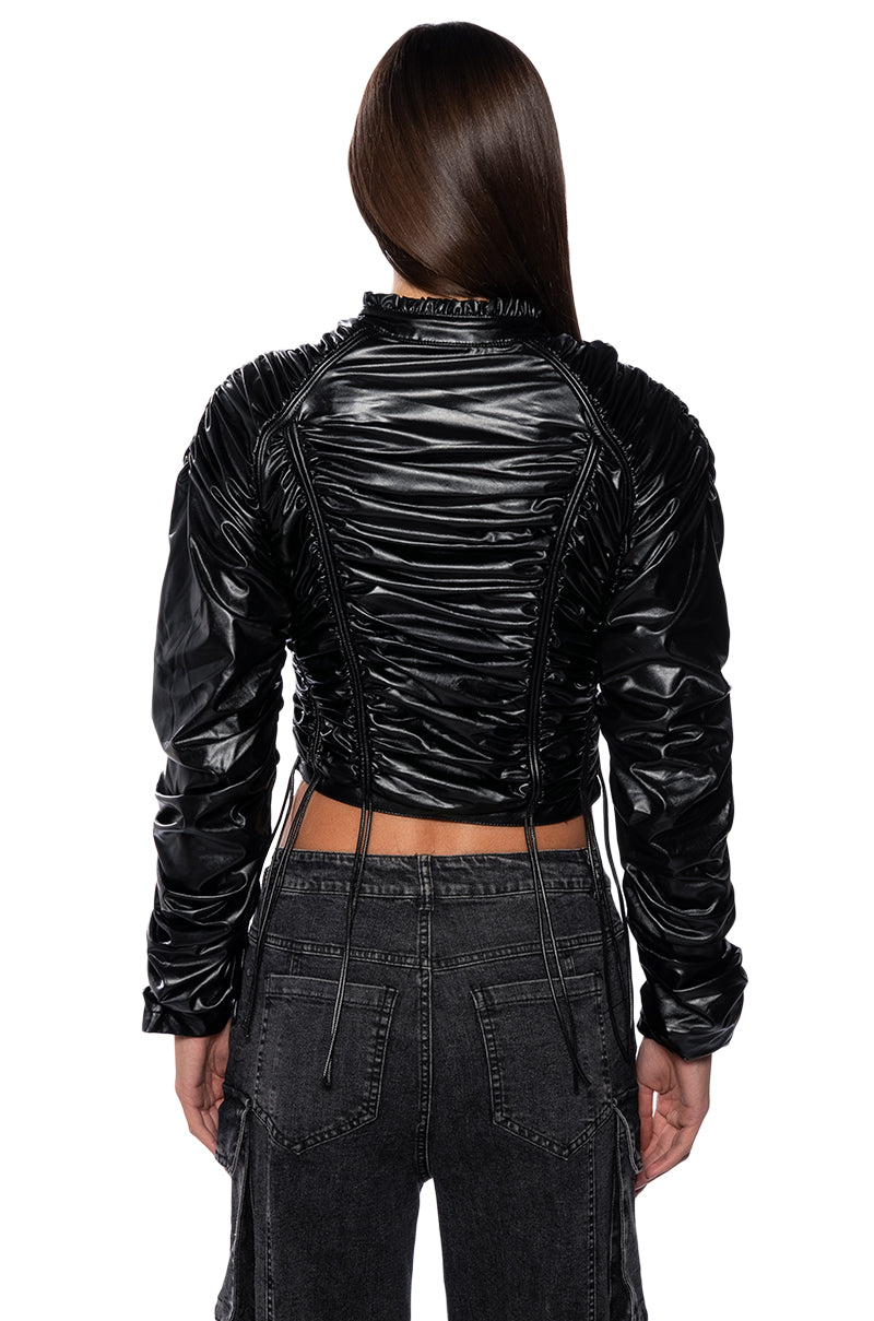 INTO THE MATRIX FAUX LEATHER RUCHED BLOUSE
