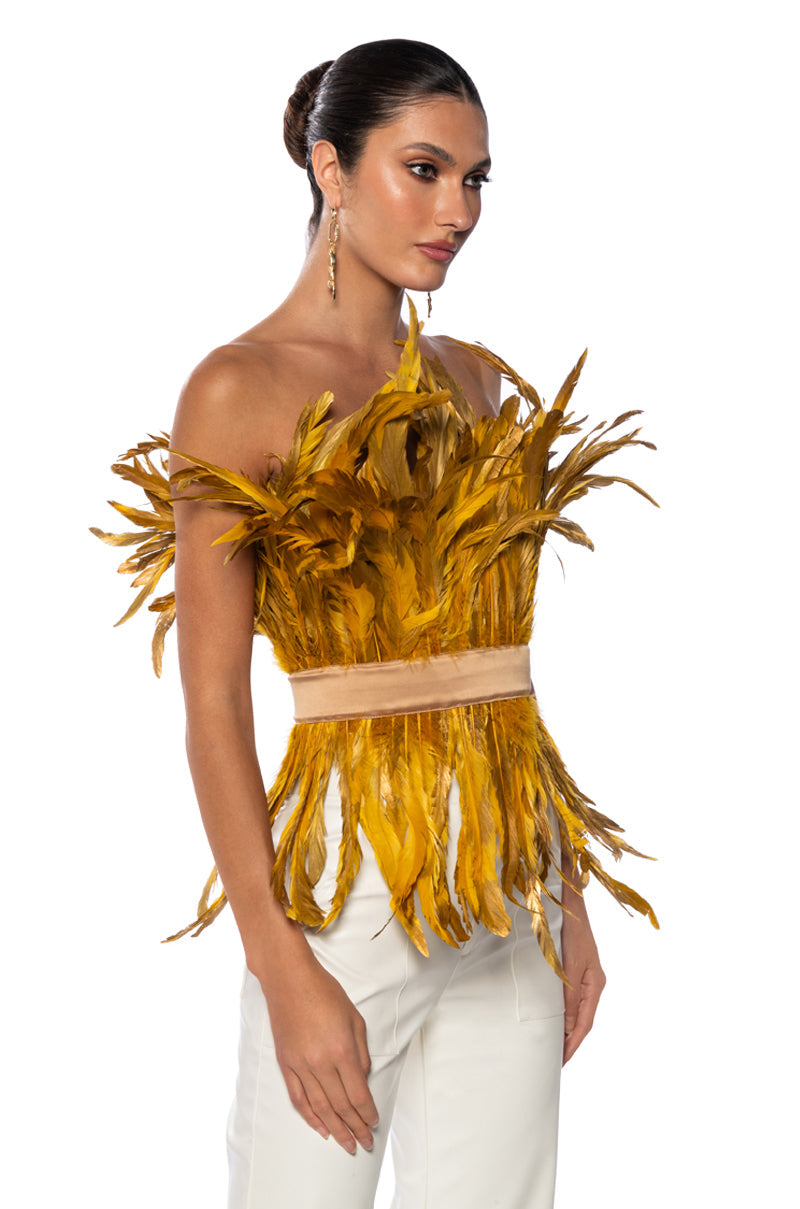 ISLA STATEMENT STRAPLESS FEATHER TOP