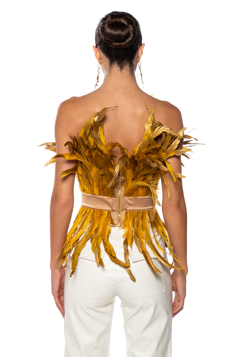 ISLA STATEMENT STRAPLESS FEATHER TOP