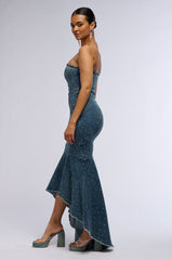 MY OWN MUSE HIGH LOW RHINESTONE DENIM MIDI DRESS