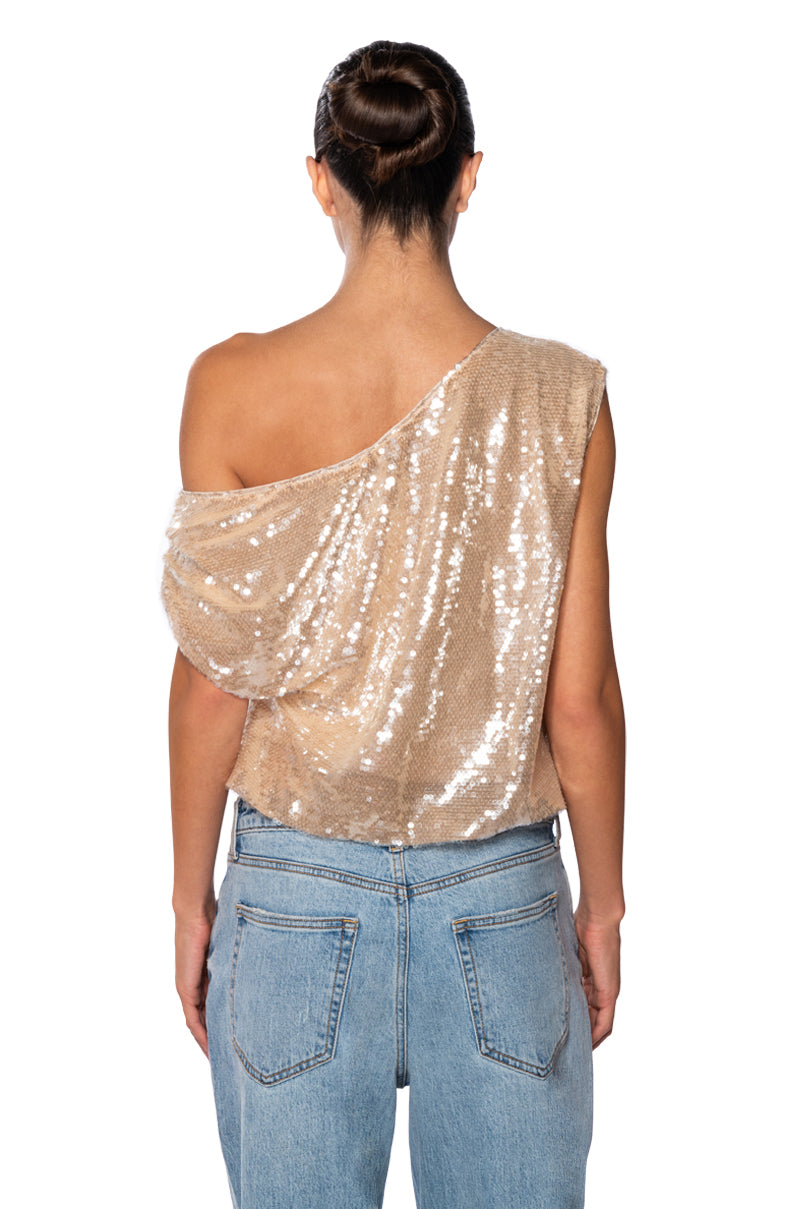 MY WORLD ASYMMETRICAL SEQUIN TOP