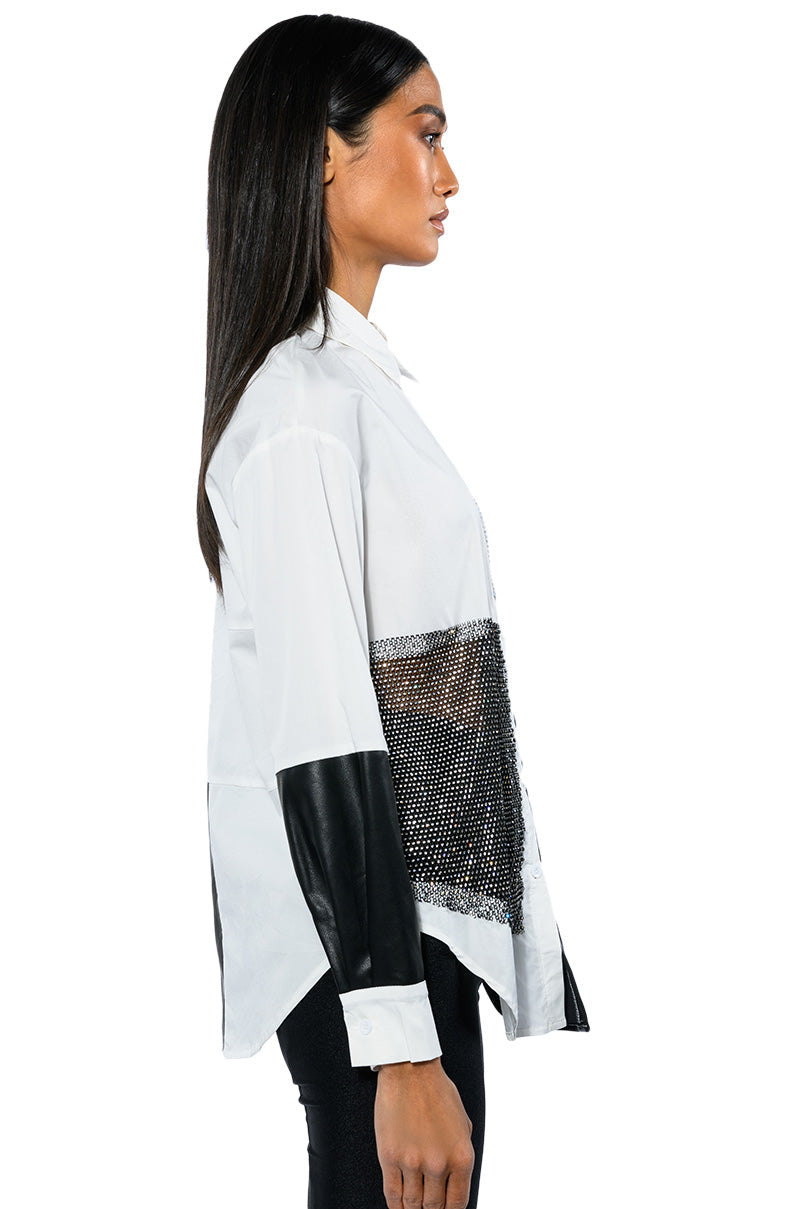 SAY IT AGAIN BUTTON UP BLOUSE WITH RHINESTONE TRIM