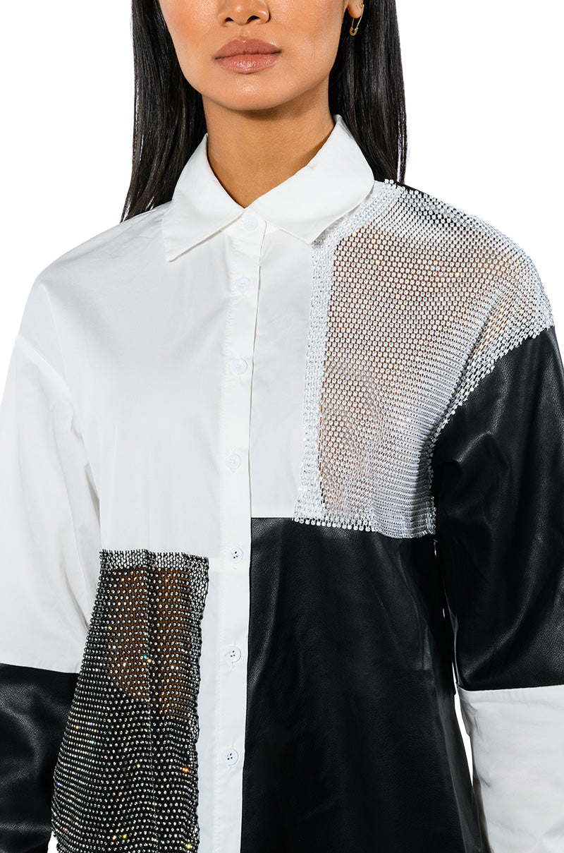 SAY IT AGAIN BUTTON UP BLOUSE WITH RHINESTONE TRIM