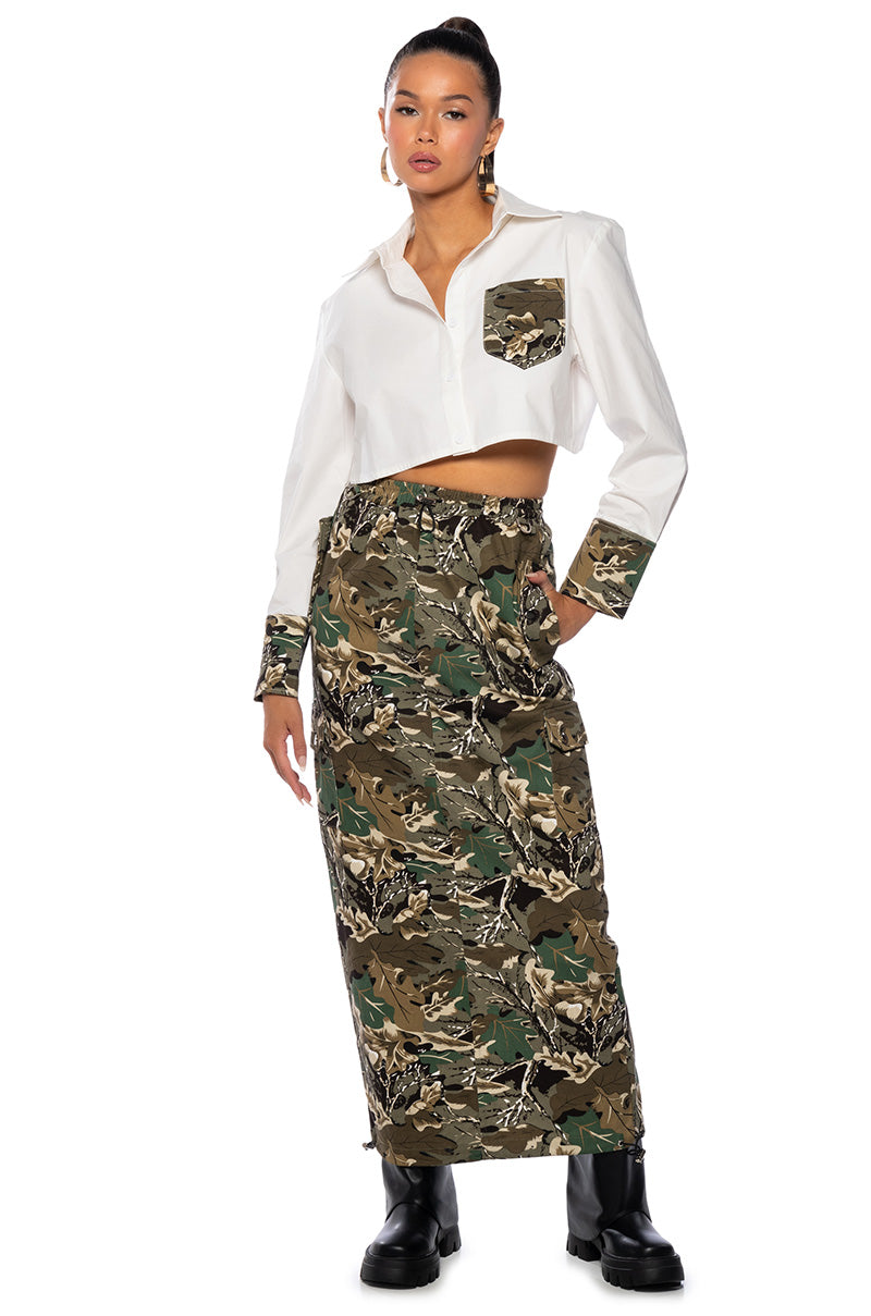 SURVIVAL MODE CROPPED BUTTON DOWN BLOUSE