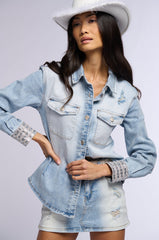 VIOLET DISTRESSED DENIM BUTTON DOWN